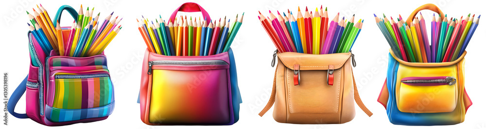 Fototapeta premium Collection of colorful school supply bags filled with pencils markers and brushes on transparent background