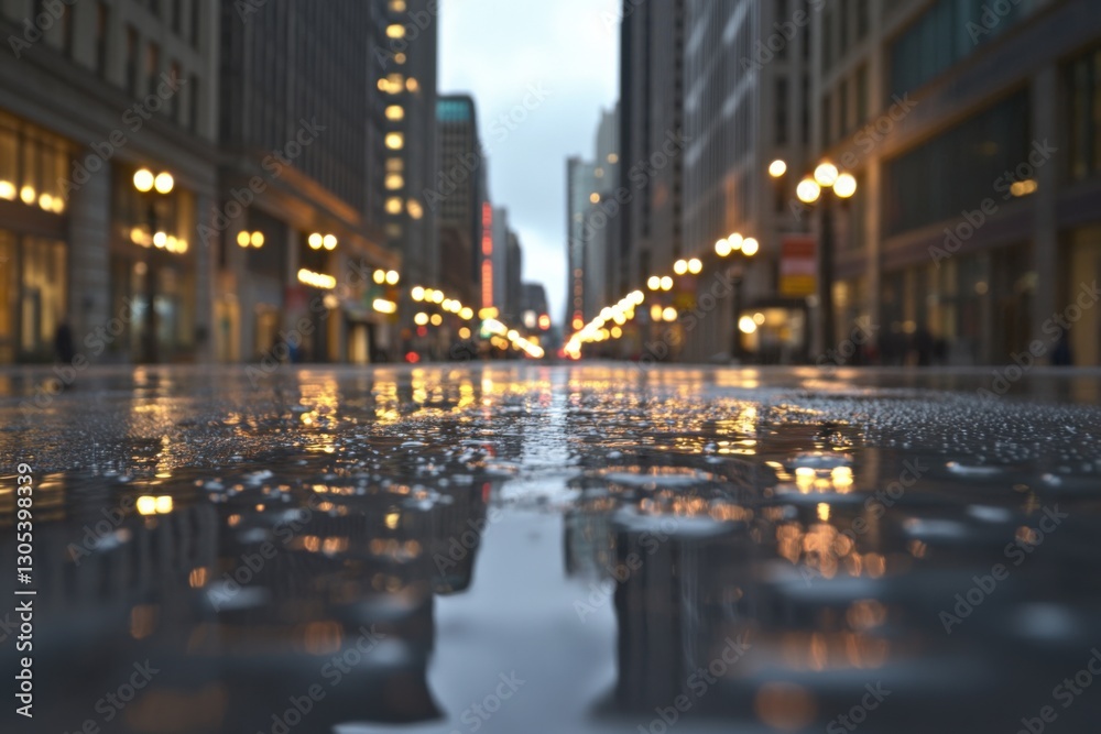 Fototapeta premium a city street with raindrops on the pavement, reflecting the lights and buildings at dusk. The background is blurred
