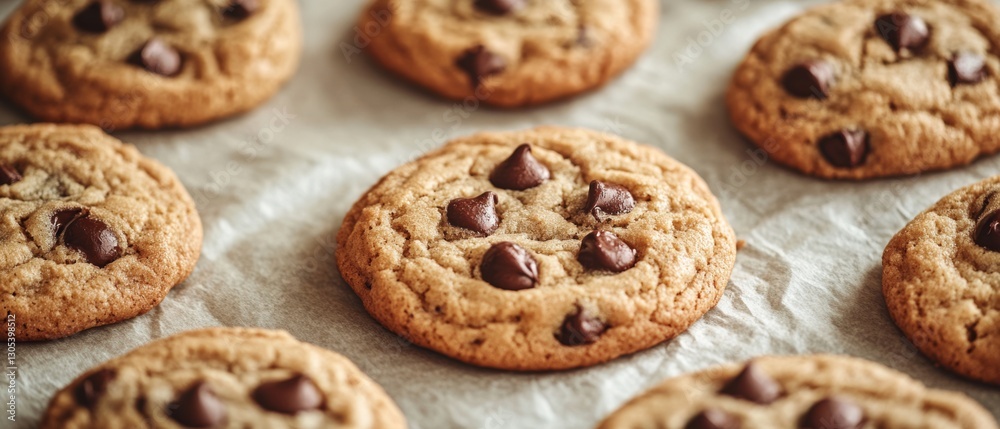 Freshly baked chocolate chip cookies rest on parchment paper, exuding warmth and home-baked goodness, perfect for a comforting treat. Freshly baked chocolate chip cookies rest on parchment paper, exuding warmth and home-baked goodness, perfect for a comforting treat.
