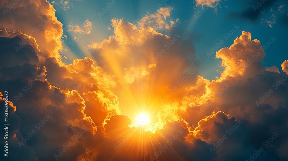 Fototapeta premium Divine Heavenly Light — A blue sky with fluffy clouds and a radiant warm orange-yellow sun shining down, symbolizing a holy presence.