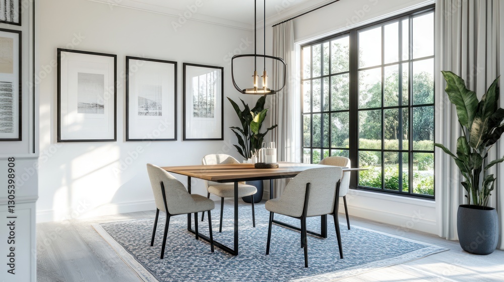 Fototapeta premium Modern dining room with large window. Interior design and home decor
