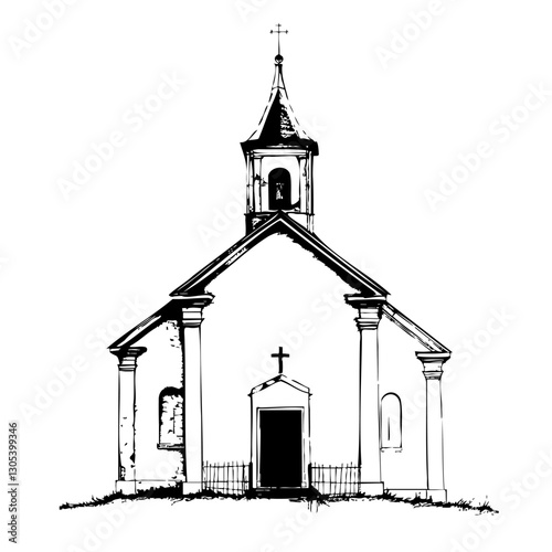 Minimalistic black and white church illustration for religious themes. For wedding, first communion, baptism invitation