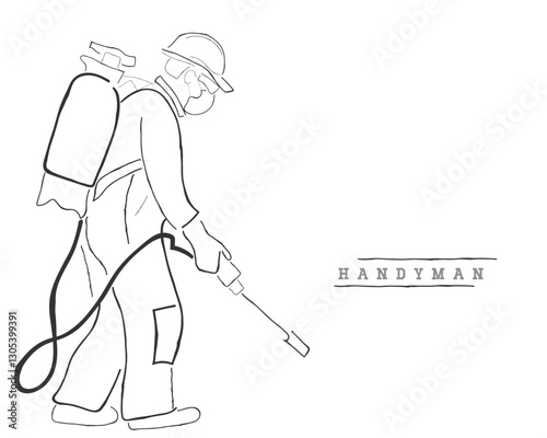 Hand drawn line art vector of a handyman. Pest Control Services poster.Hand drawn line art vector of a Professional Pest Control Exterminator. Pest Control service handyman working to remove cockroach