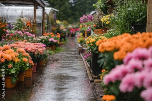 Wallpaper Mural A rain-soaked alley in an old flower shop, with colorful chrysanthemums and potted plants Torontodigital.ca