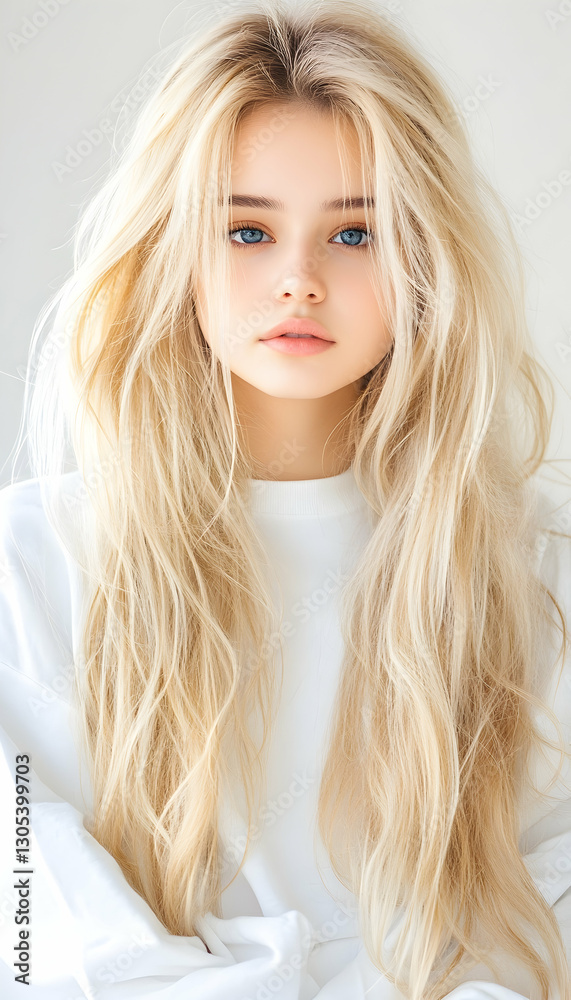 Blonde girl portrait, wavy hair, white background Blonde girl portrait, wavy hair, white background