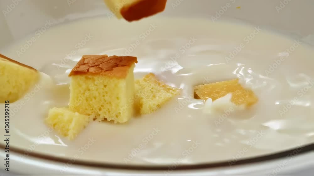 Sponge Cake Cubes Soaking in Milk
