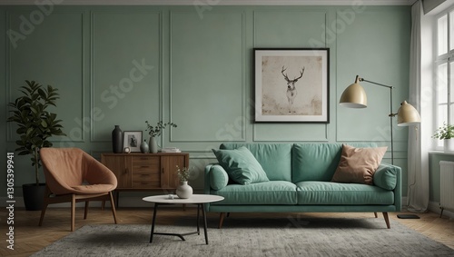 Stylish Scandinavian living room interior with design mint sofa with blank frame mock up