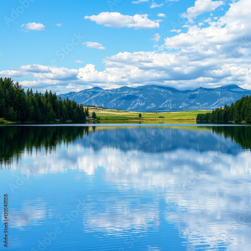 Serenity by the LakeSerene Mountain Lake with Reflective Waters and Scenic Skyline photo