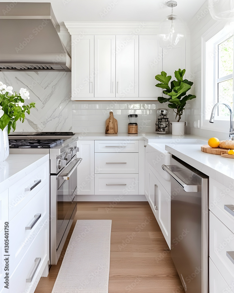 Fototapeta premium Bright White Kitchen Cabinets, appliances, and decorations shine in small space