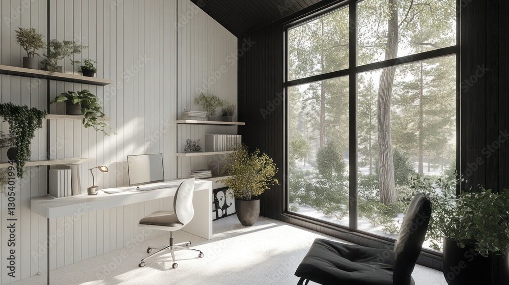 Fototapeta premium Modern home office with winter forest view