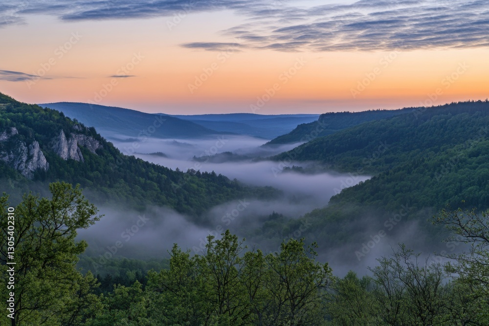 Beautiful, misty valley with forests and mountains at dawn in the Alps, a natural landscape Beautiful, misty valley with forests and mountains at dawn in the Alps, a natural landscape