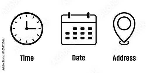 Time, date and address icon. Time, date, location map pin icon. Business schedule signs. Clock, calendar, location pin. Vector illustration.