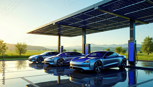 Modern electric cars charging at a solar-powered station during sunset in an open landscape
