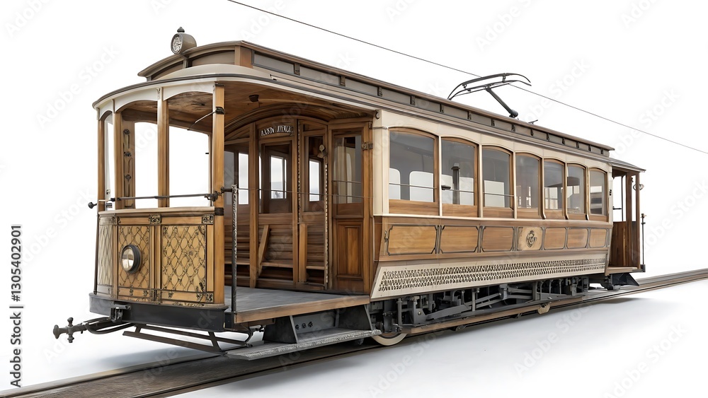 Fototapeta premium Vintage Electric Tram with Classic Wooden Design Isolated on white Background