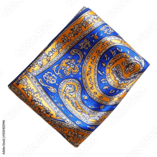 Elegant silk scarf with intricate blue and gold paisley pattern, showcasing luxurious fabric design suitable for fashion, accessories, or home decor.