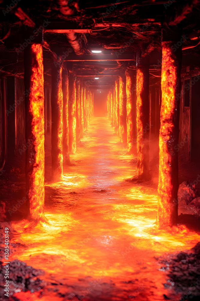 Fototapeta premium Burning Pillars Inferno-like molten river flowing in subterranean tunnel