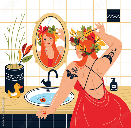 illustration of a girl in a bathroom in front of a mirror bodysuit positive autumn mood self-development health beauty trend