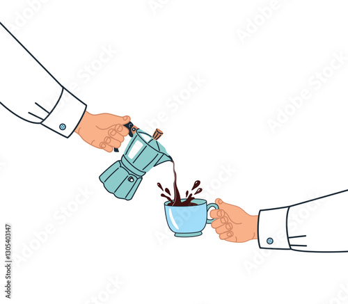 Vector illustration in cartoon style with people pouring coffee for breakfast from a coffee maker. White background isolated.