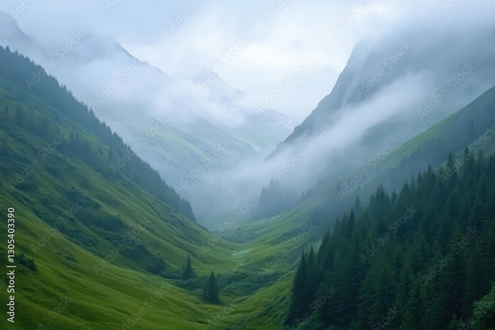 Obraz premium Beautiful, misty valley with forests and mountains at dawn in the Alps, a natural landscape