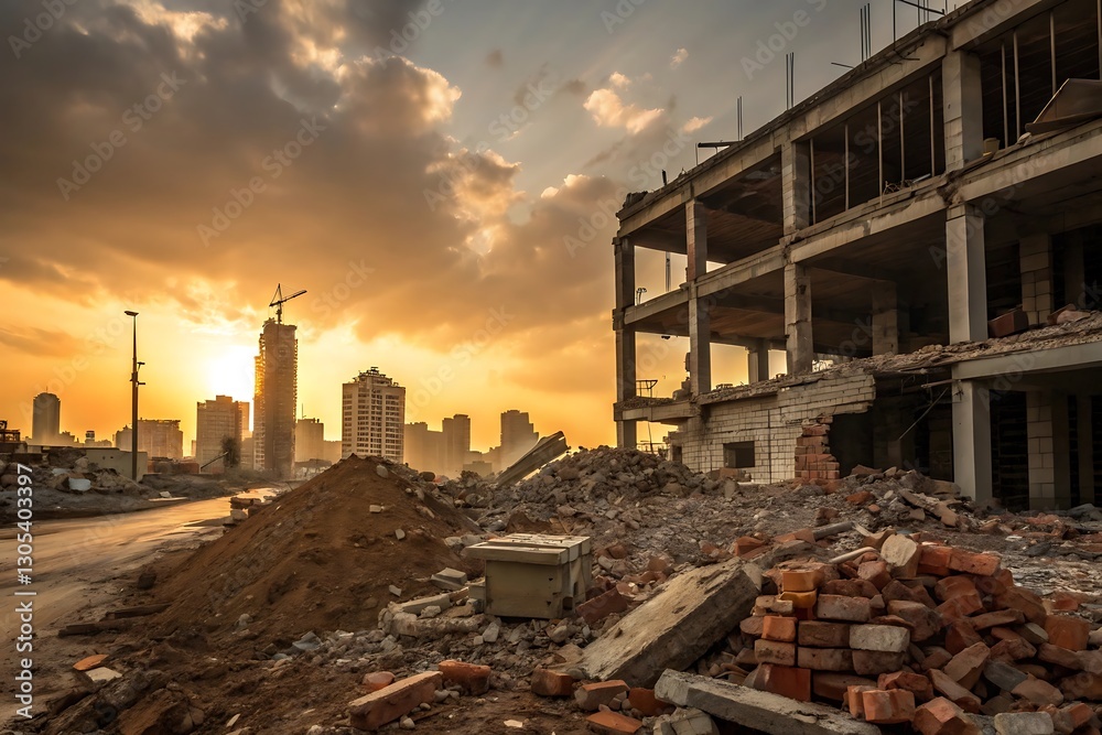 Destroyed building amidst a cityscape at sunset, highlighting urban decay. Destroyed building amidst a cityscape at sunset, highlighting urban decay.