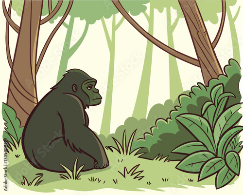 A gorilla sitting in a jungle clearing