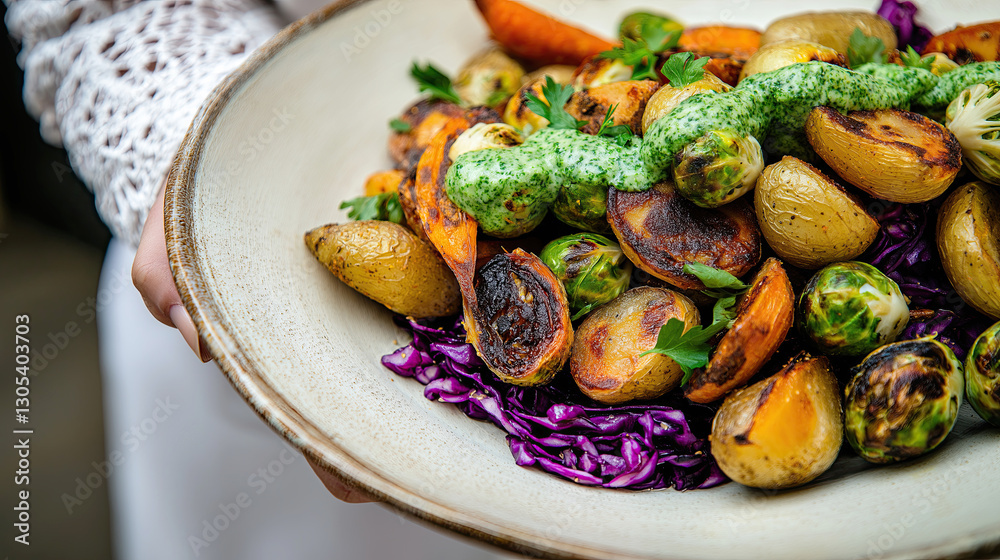 Roasted vegetables with herb sauce on rustic plate Roasted vegetables with herb sauce on rustic plate