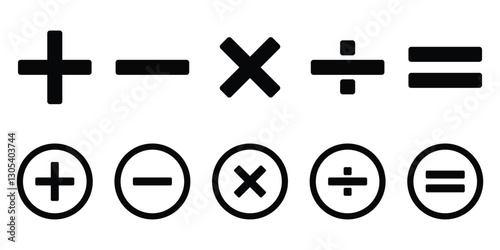 Plus, minus, multiply, divide and equal sign icon design set. Addition, subtraction, multiplication, division, equal sign, icon symbol. Mathematical symbol icon.