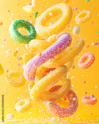 Candies falling, sugary snacks suspended mid-air on vibrant, yellow background