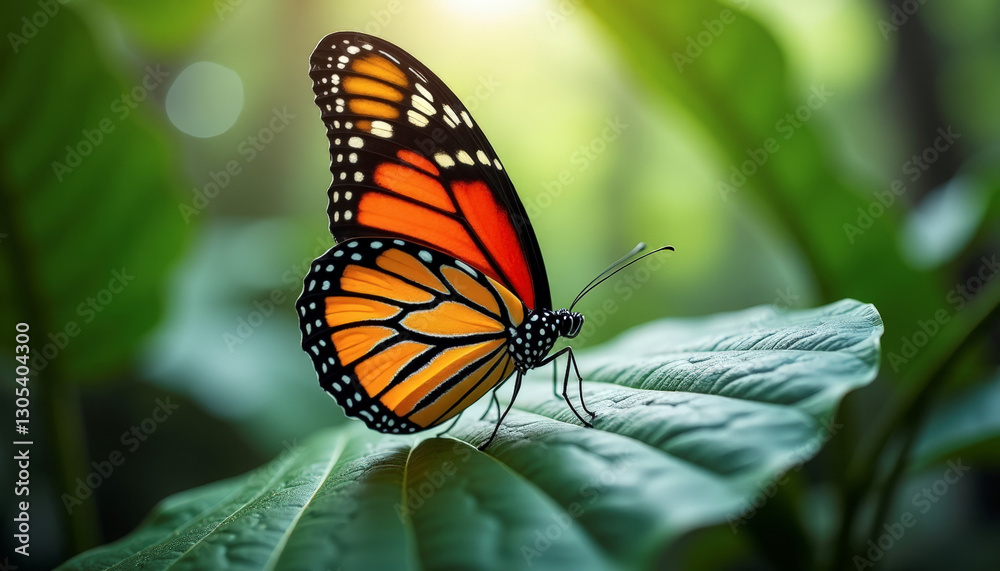 Obraz premium Colorful butterfly resting on a green leaf in a vibrant natural setting during daylight