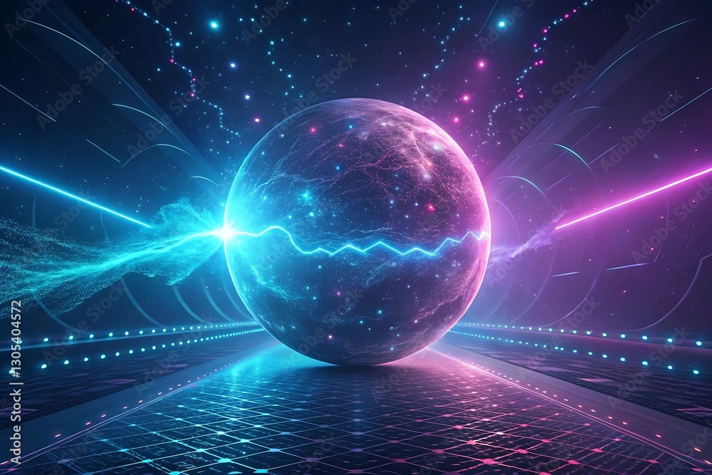 Naklejka premium Futuristic Planet in a Neon-Lit Space Tunnel
