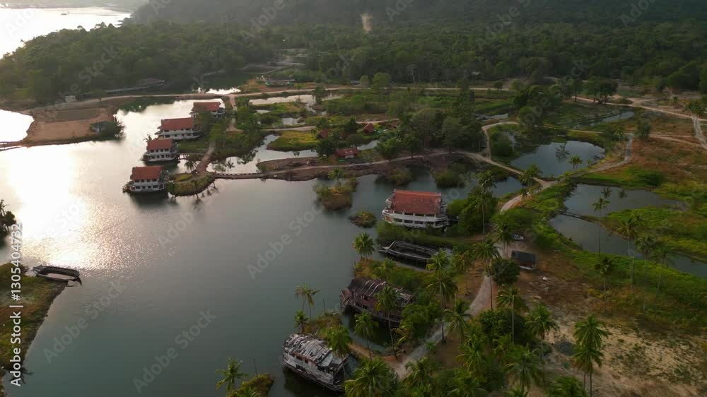 Abandoned resort slowly decaying Koh Chang. Magic aerial view flight drone Abandoned resort slowly decaying Koh Chang. Magic aerial view flight drone