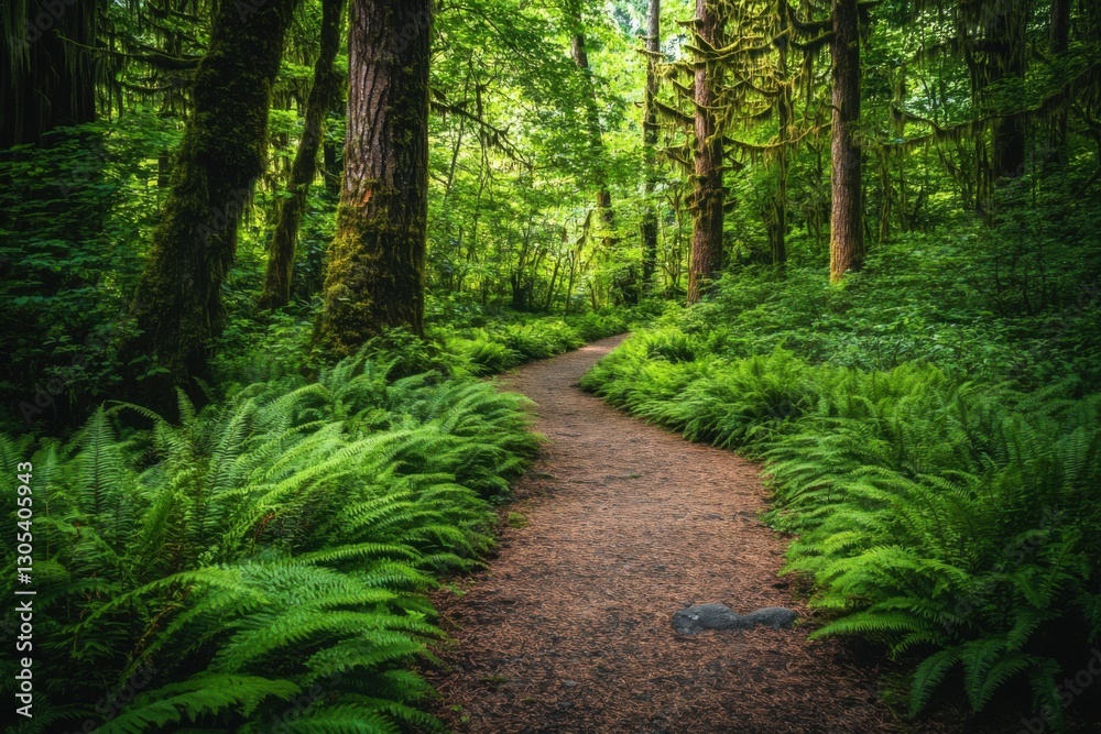 Ferns and moss on a forest trail, a natural background. Green fern plants growing on the ground of an old mountain path Ferns and moss on a forest trail, a natural background. Green fern plants growing on the ground of an old mountain path