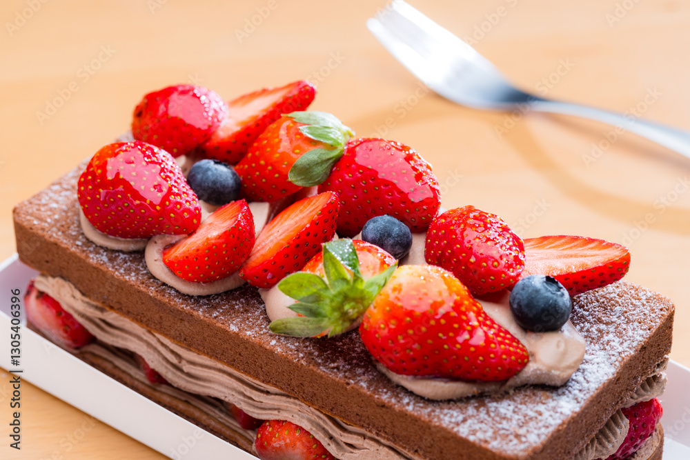 Chocolate cake with fresh strawberries on wooden table