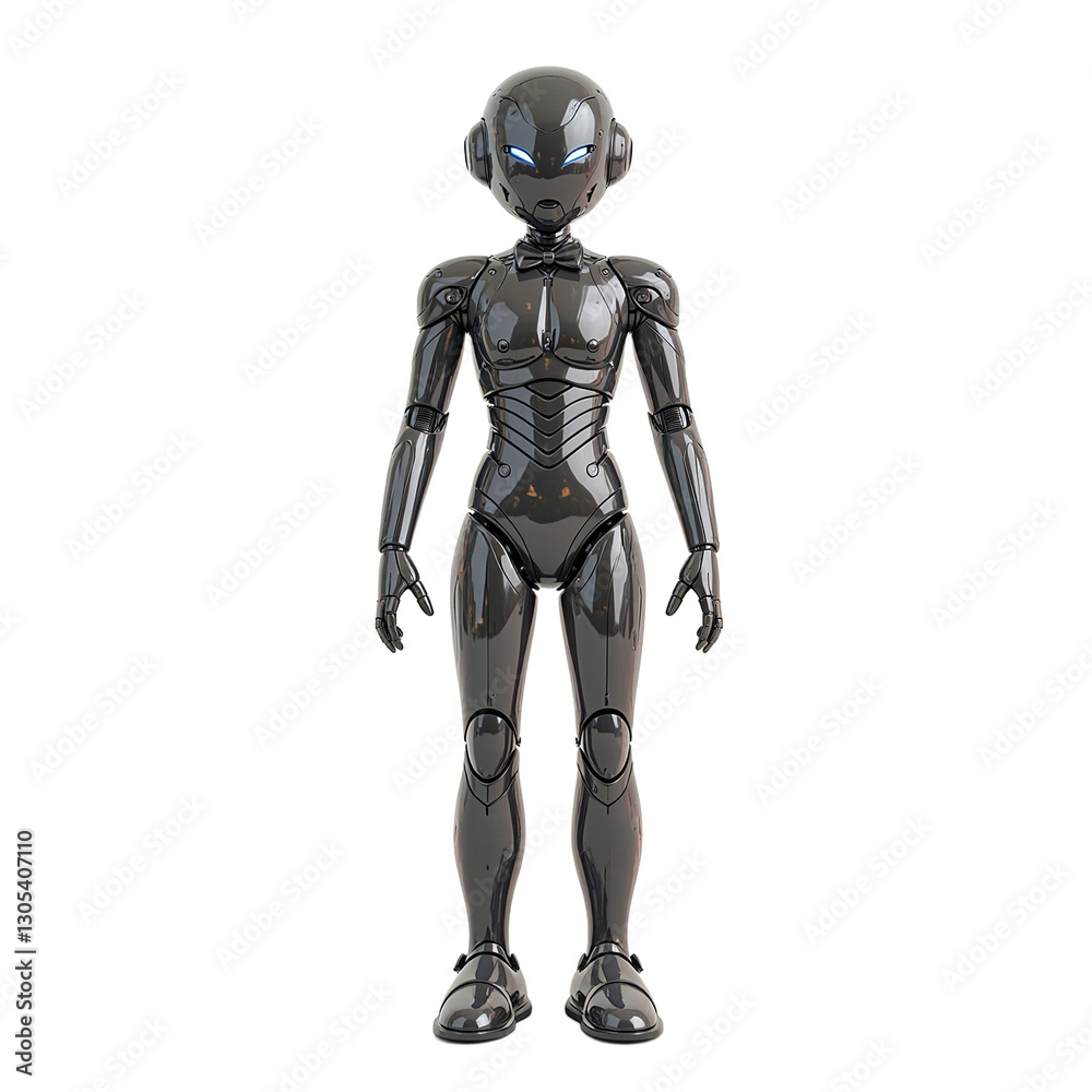 A sleek futuristic robot butler with a bow tie exuding sophistication and friendliness Perfect for tech and service concepts A sleek futuristic robot butler with a bow tie exuding sophistication and friendliness Perfect for tech and service concepts
