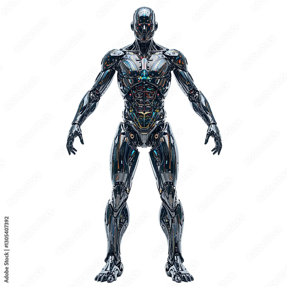 Futuristic humanoid robot with transparent skin showcasing intricate internal mechanics on white background Futuristic humanoid robot with transparent skin showcasing intricate internal mechanics on white background