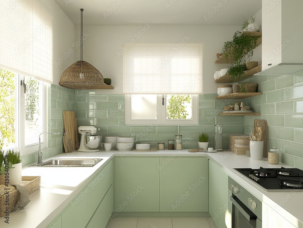 Fototapeta premium A bright and modern kitchen interior with light green elements