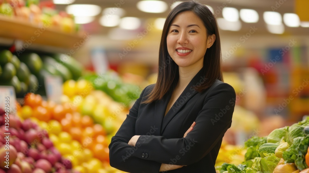 an attractive, smiling female supermarket manager standing in front of the fruit and vegetable area an attractive, smiling female supermarket manager standing in front of the fruit and vegetable area