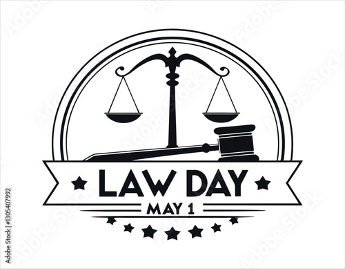 law day emblem featuring a balanced scale and gavel, symbolizing justice and legal proceedings, with the date may 1 prominently displayed.