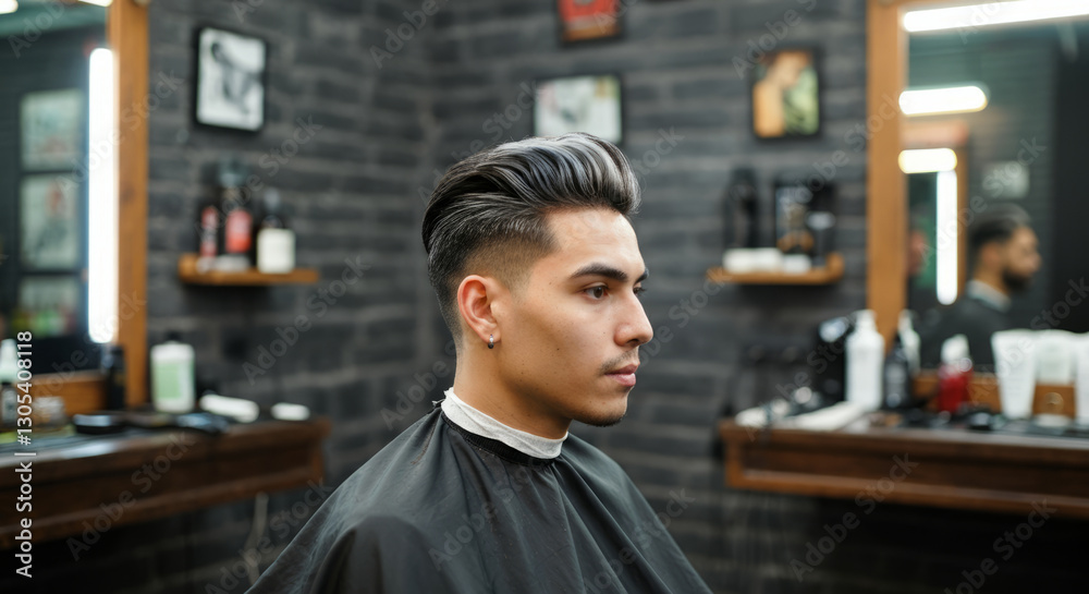 Fototapeta premium Young hispanic male with stylish haircut in modern barbershop setting