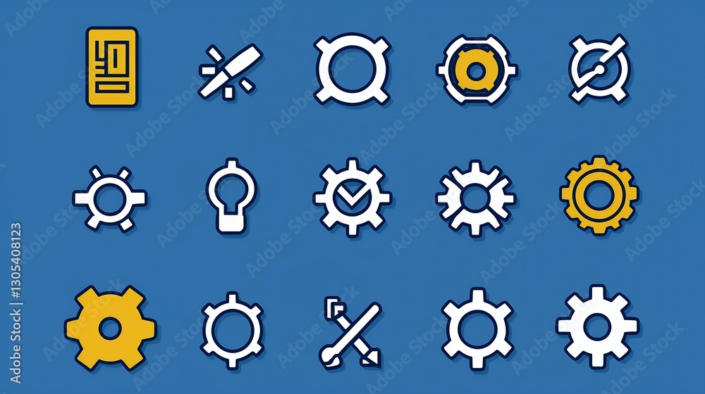 Fototapeta premium Pixel Art Gear Icons White and Gold Mechanical Symbols on Blue
