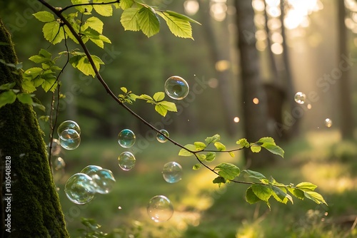 Delicate soap bubbles dance among fresh spring leaves in a sun-drenched forest.