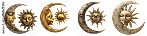 Set of a golden bronze metal moon and sun wall decor, isolated on a transparent background.