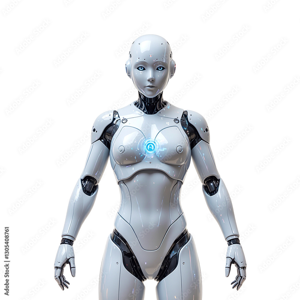 Futuristic humanoid robot with holographic interface and sleek design isolated on white background Ideal for tech concepts Futuristic humanoid robot with holographic interface and sleek design isolated on white background Ideal for tech concepts