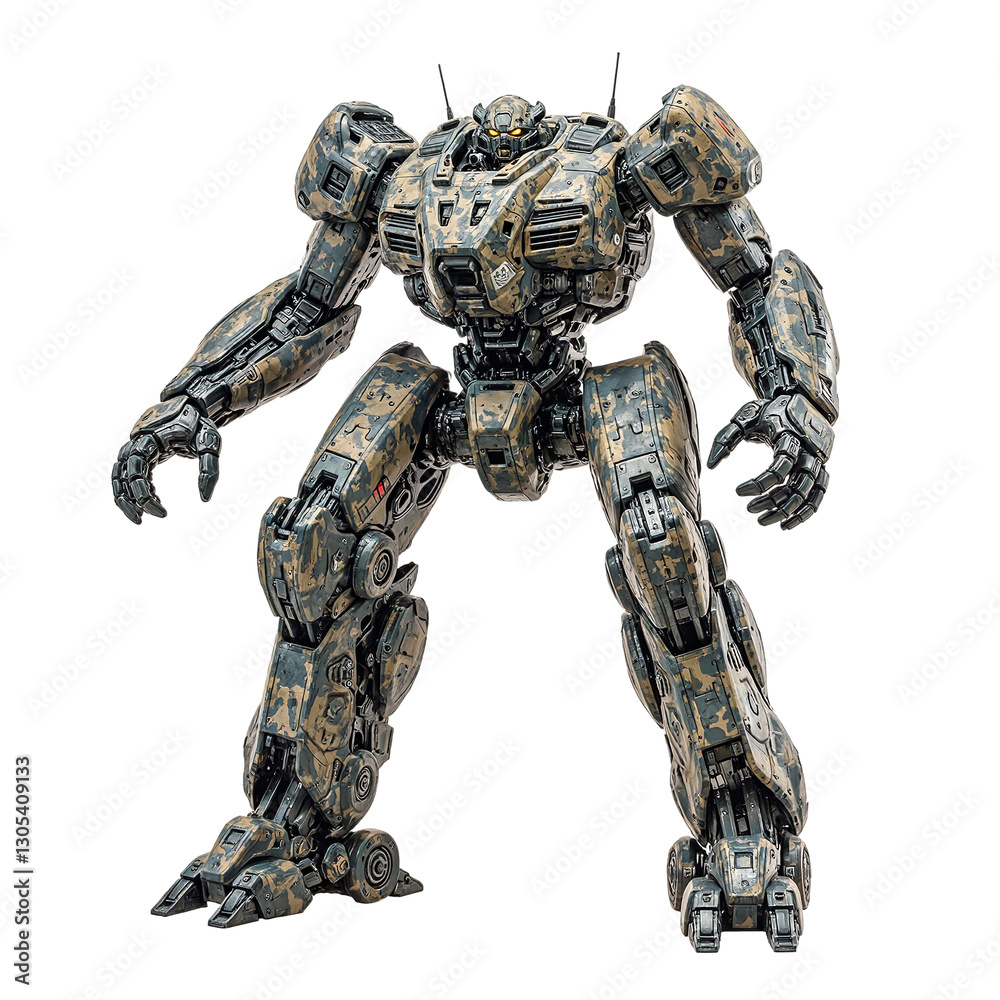 Futuristic bipedal robot with heavy armored exterior in military style standing out against a white background Futuristic bipedal robot with heavy armored exterior in military style standing out against a white background