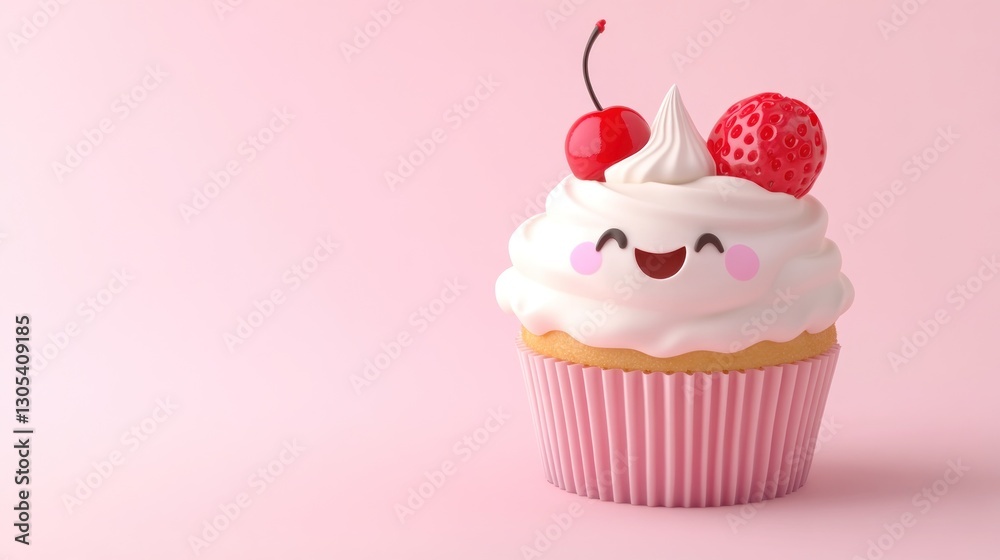 Cute cupcake with cherry and strawberry on pink background Cute cupcake with cherry and strawberry on pink background