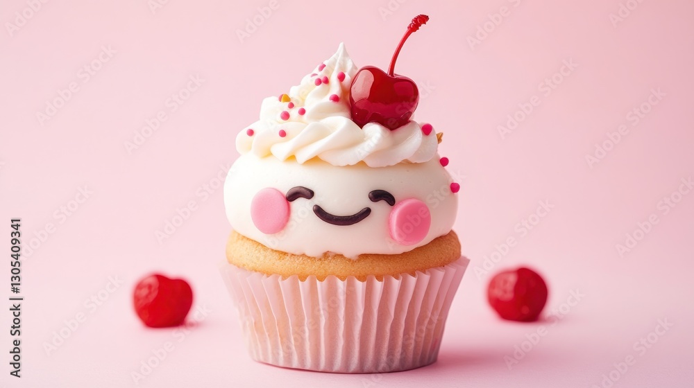 Cute cupcake with cherry on pink background Cute cupcake with cherry on pink background