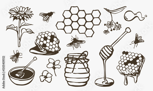 Honey and bee themed hand-drawn vector illustrations set. Collection of honeycomb, bees, flowers, honey jar, honey dipper, and dripping honey elements. Black and white sketch for design and print.
