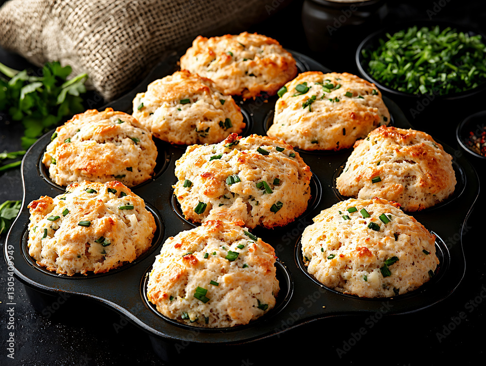 Fototapeta premium Goldenbrown herb muffins, baked to perfection in a dark muffin tin. Rustic, appetizing food photography ideal for blogs, cookbooks, or baking websites.