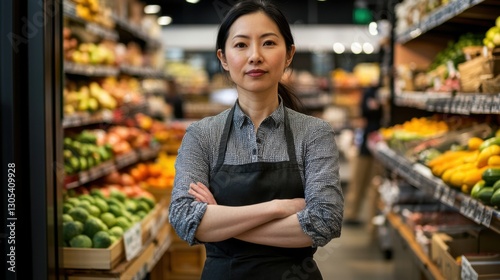 an attractive, smiling female supermarket manager standing in front of the fruit and vegetable area