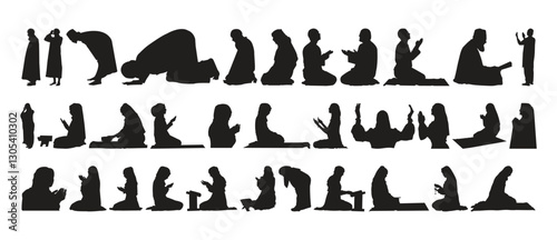 Muslim man and woman praying silhouettes vector illustration.